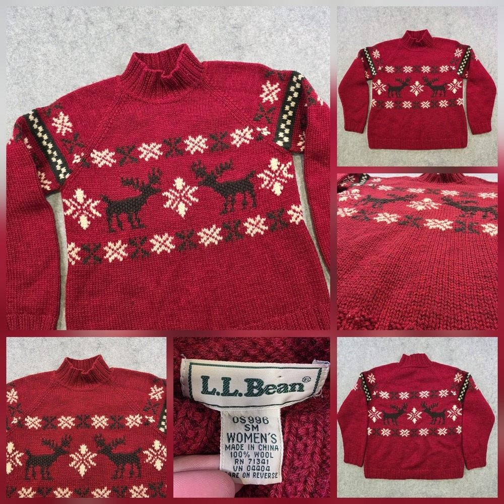 VTG LL Bean Sweater Womens Small SM Red 100% Wool Fair Isle Moose Christmas Knit